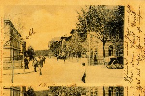 Widok na dawną ulicę Tannenbergstrasse dzisiejszą Kasprowicza - po prawej budynek sztabowy. Pocztówka z 1902r. (Pocztówka z prywatnych zbiorów Rafała Bętkowskiego).